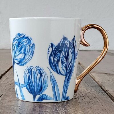Heinen Delfts Blauw - Mok Tulpen goud