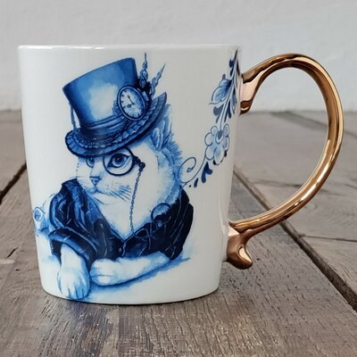 Heinen Delfts Blauw - Mok Poes met hoed goud