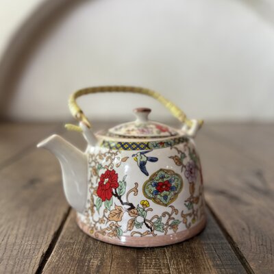 Clayre & Eef Theepot met Filter Beige -Rood Keramiek Rond Bloemen  Clayre & Eef Theepot met Filter Beige -Rood Keramiek Rond Bloemen